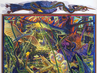 Mark Messersmith. Summer Respite. 2009. Oil on canvas, carved wooden elements, mixed media predella, 65” x 82”, detail