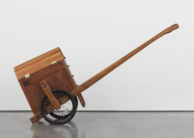 Theaster Gates: Soul Manufacturing Corporation, Soul Food Rickshaw for Sitting, 2012, wood and wheels, 98 x 33 1/4 x 26 inches, Courtesy of Kavi Gupta, photo by Young Sun Han alt