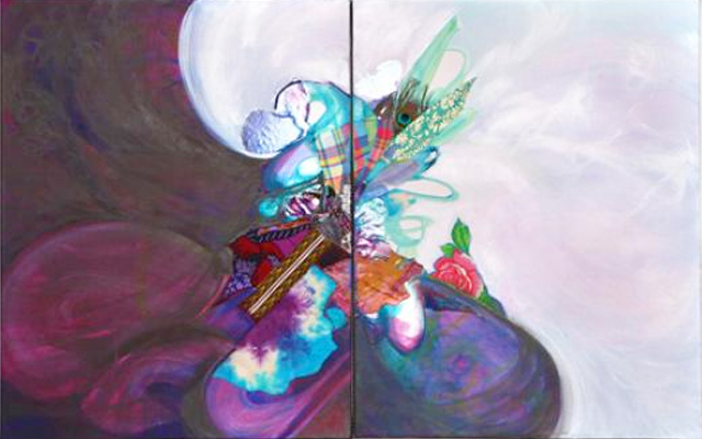 Mutual Core, 2013, Acrylic, ink, fabric, and paper collage on canvas, 28 x 44 x 1 1/2 inches