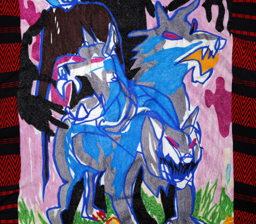 Managing-My-Justified-Rage-2021-Embroidery-on-Canvas-Embroidered-Hand-Woven-Ashanti-Kente-Curtains-65-x-45-x-1-in-501x705